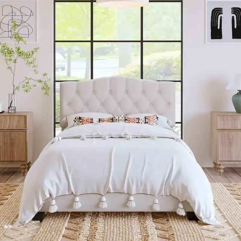 Platform Bed Frame with Saddle Curved Headboard, Modern Medieval Royal Style Platform Bed with Diamond Tufted Details