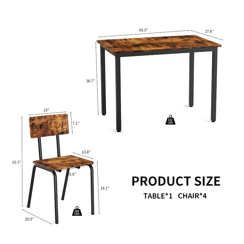 Kitchen Dining Table Set Metal Frame Breakfast Table with 4 Dining Chairs Modern Casual Dining Table Set 5-Piece Dining Set