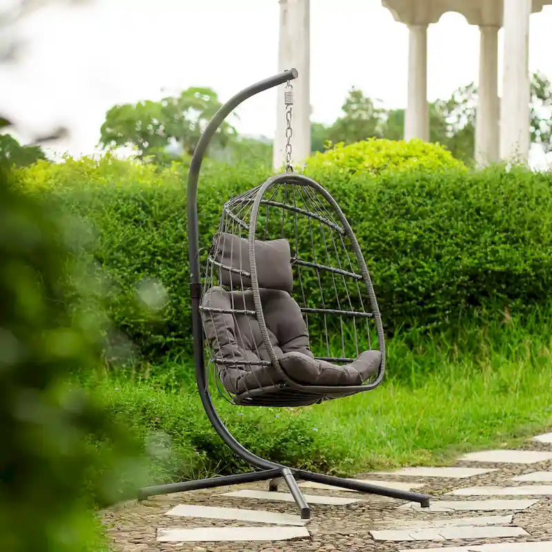 outdoor patio Wicker Hanging Chair Swing Chair, All-Weather Wicker Rattan & Aluminum Frame with Cushion and Headrest