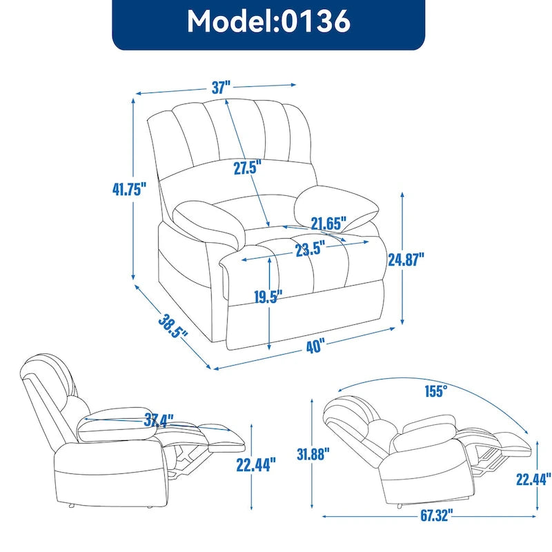 Oversized Manual Recliner Upholstered Fabric Lounge Chair Adjustable Living Room Single Sofa with Side Lever Control