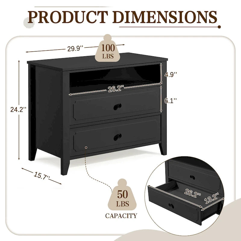 EROMMY Modern Wide Nightstand with 2 Drawers and Open Storage, Bedroom Bedside Table with Solid Wood Legs, Nightstand.