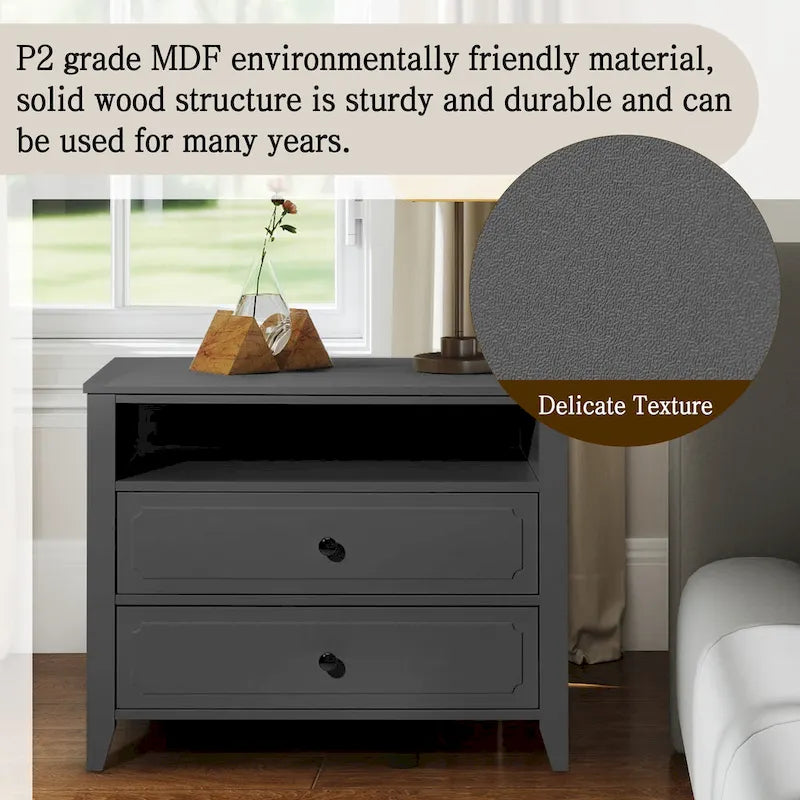 EROMMY Modern Wide Nightstand with 2 Drawers and Open Storage, Bedroom Bedside Table with Solid Wood Legs, Nightstand.