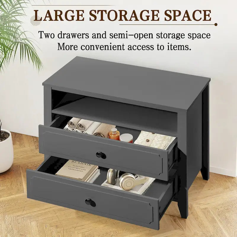 EROMMY Modern Wide Nightstand with 2 Drawers and Open Storage, Bedroom Bedside Table with Solid Wood Legs, Nightstand.