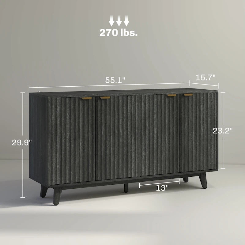 HOMCOM Fluted Sideboard Buffet Cabinet, 55 Modern Accent Console Cabinet with 4 Doors, 2 Adjustable Shelves and 5 Wood Legs