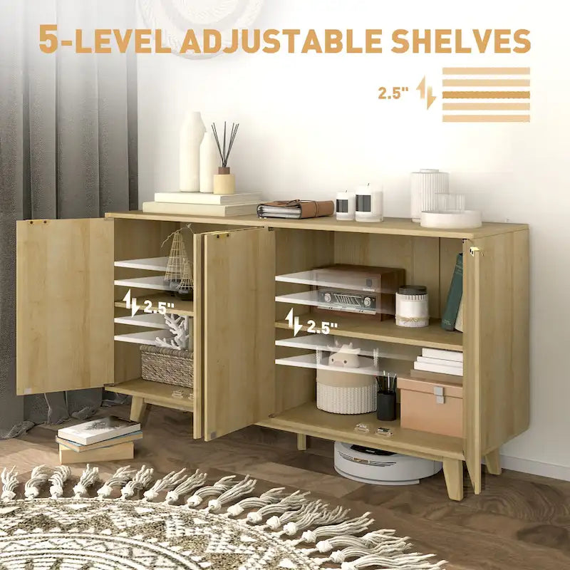 HOMCOM Fluted Sideboard Buffet Cabinet, 55 Modern Accent Console Cabinet with 4 Doors, 2 Adjustable Shelves and 5 Wood Legs