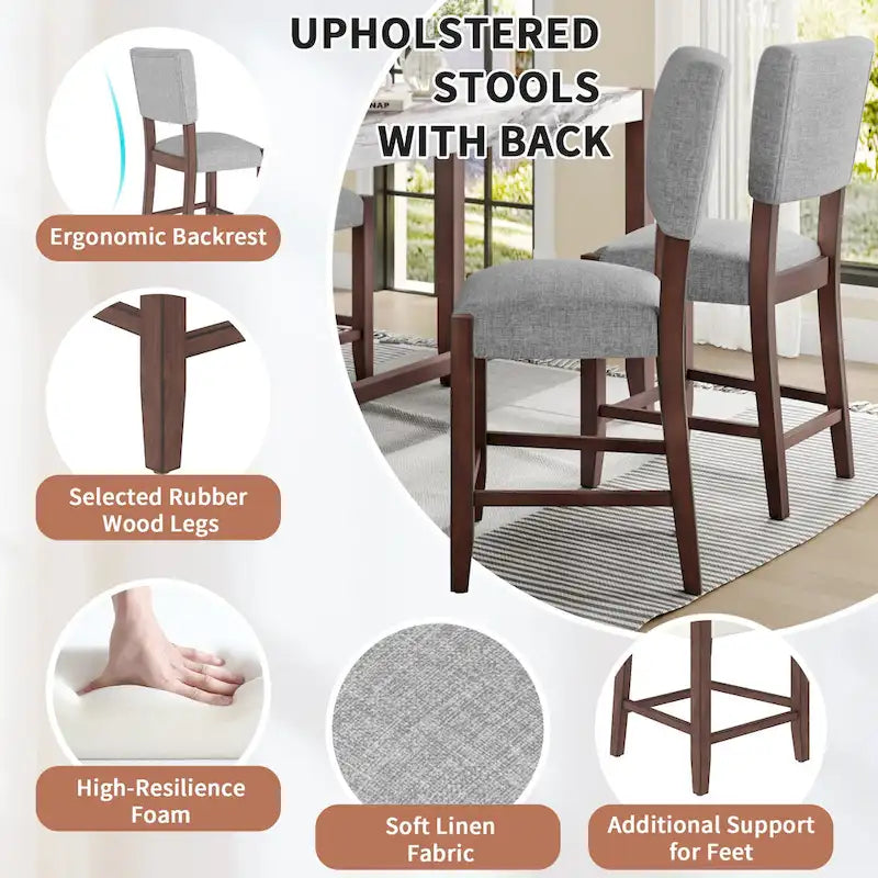 5-Piece Counter Height Dining Table Set, Faux Marble Bar Table and 4 Upholstered-Seat Chairs