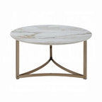 Acor Coffee Table, 35 Inch, Round Sintered Stone Top, White and Gold