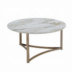 Acor Coffee Table, 35 Inch, Round Sintered Stone Top, White and Gold