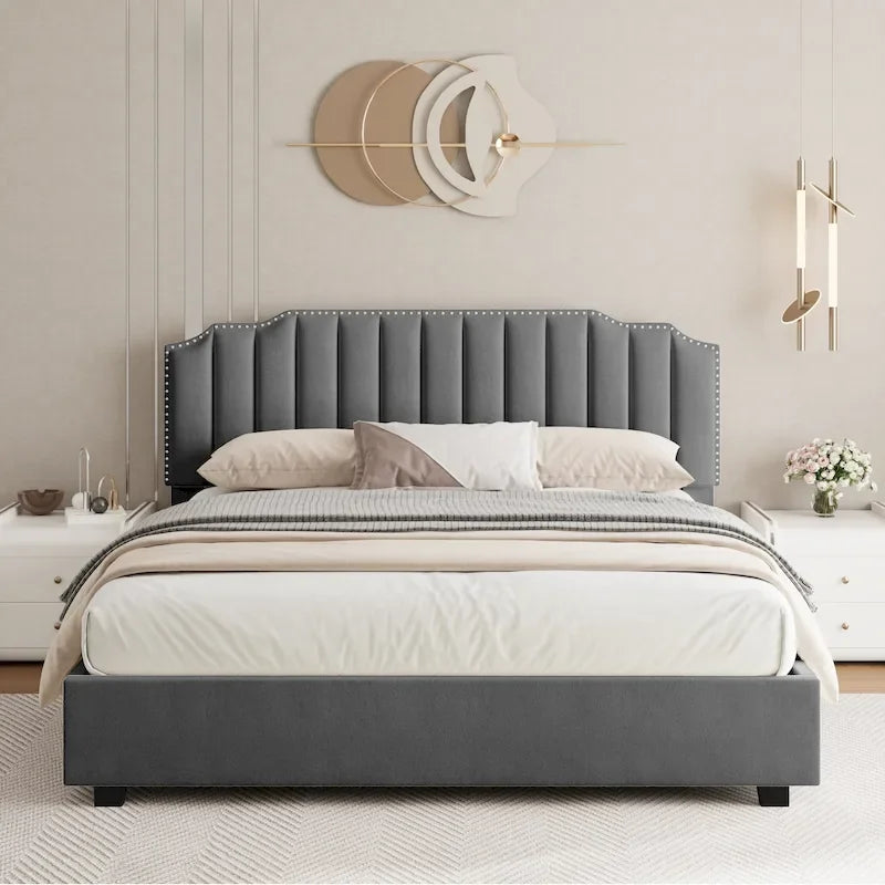 Full Size Modern Style Velvet Upholstered Platform Bed with Storage Space for Bedroom