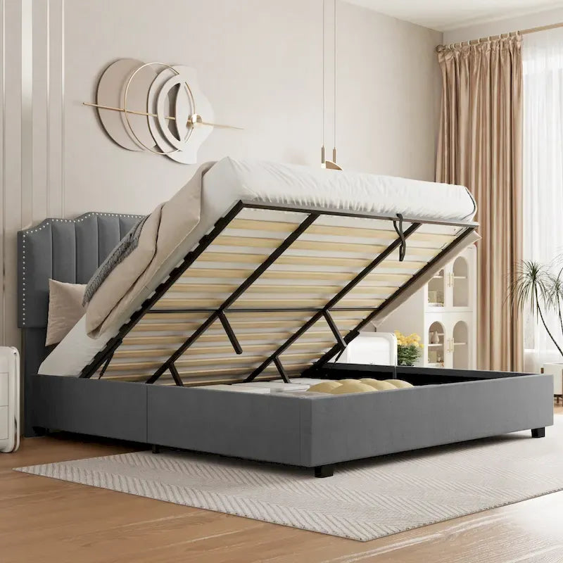 Full Size Modern Style Velvet Upholstered Platform Bed with Storage Space for Bedroom