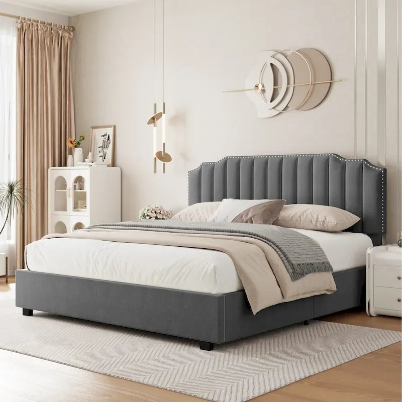 Full Size Modern Style Velvet Upholstered Platform Bed with Storage Space for Bedroom