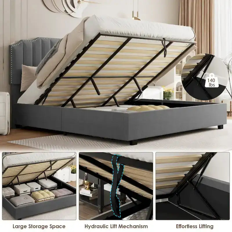 Full Size Modern Style Velvet Upholstered Platform Bed with Storage Space for Bedroom
