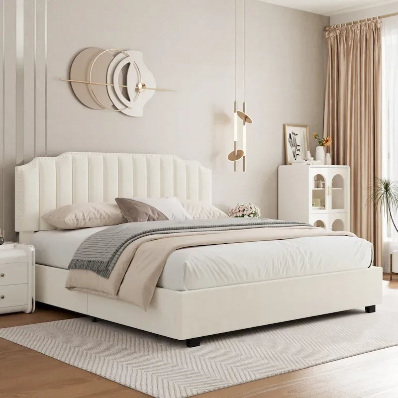 Full Size Modern Style Velvet Upholstered Platform Bed with Storage Space for Bedroom
