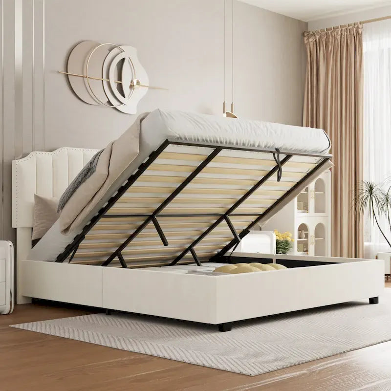 Full Size Modern Style Velvet Upholstered Platform Bed with Storage Space for Bedroom