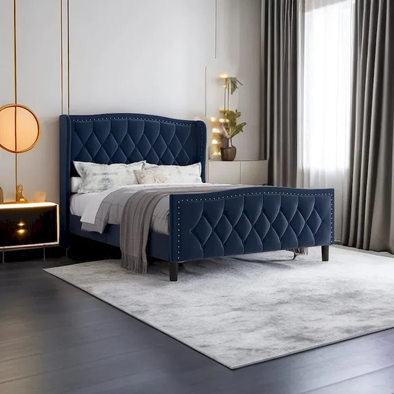 Modern Upholstered Velvet Bed with Wingback Headboard