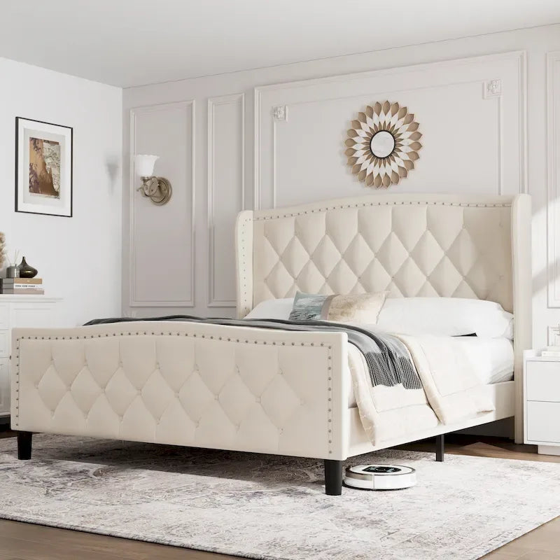 Modern Upholstered Velvet Bed with Wingback Headboard