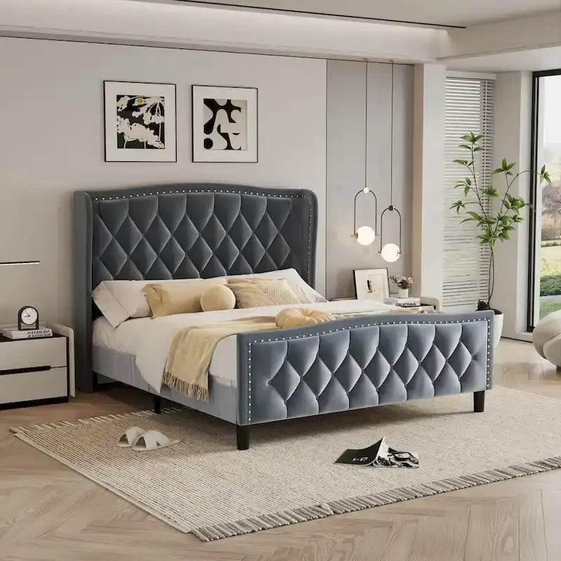 Modern Upholstered Velvet Bed with Wingback Headboard