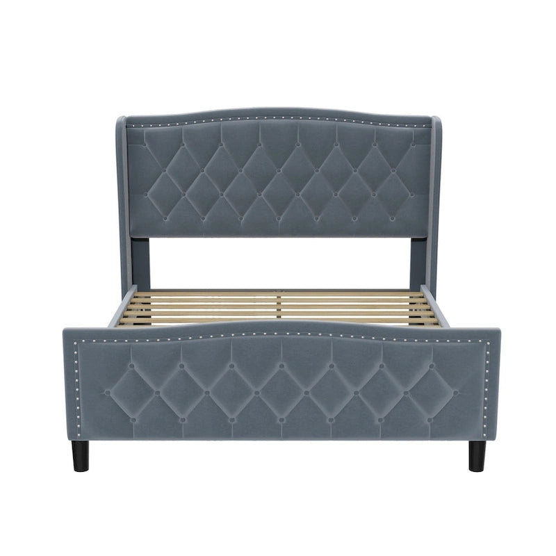Modern Upholstered Velvet Bed with Wingback Headboard