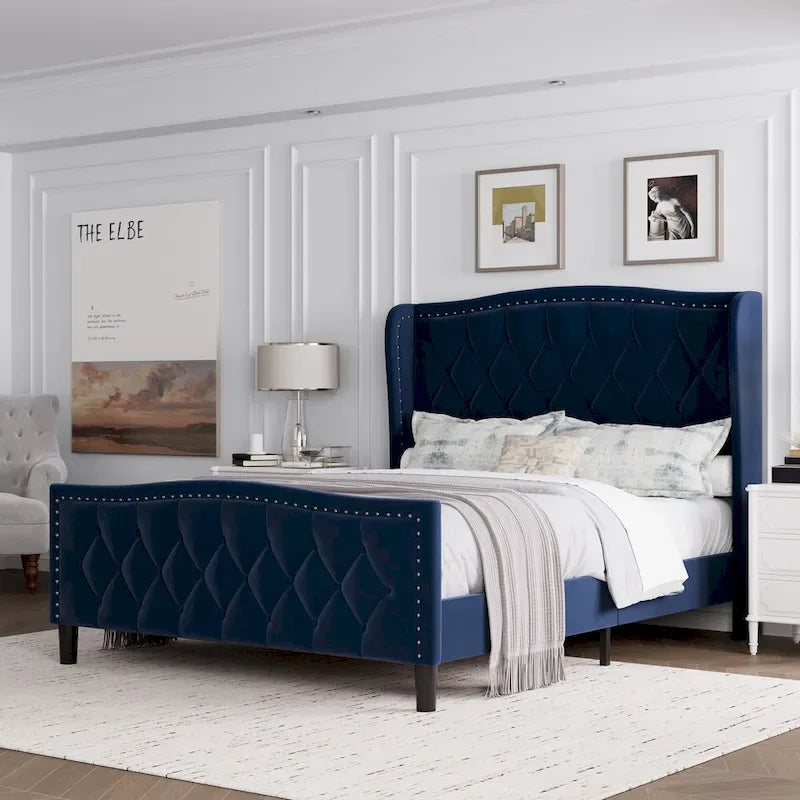 Modern Upholstered Velvet Bed with Wingback Headboard