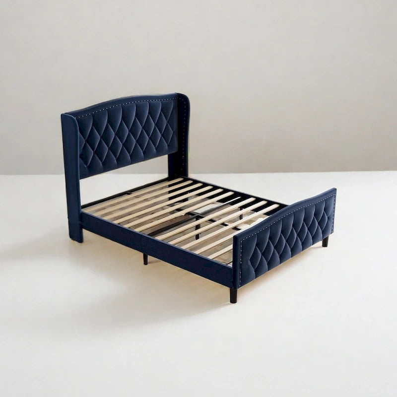 Modern Upholstered Velvet Bed with Wingback Headboard