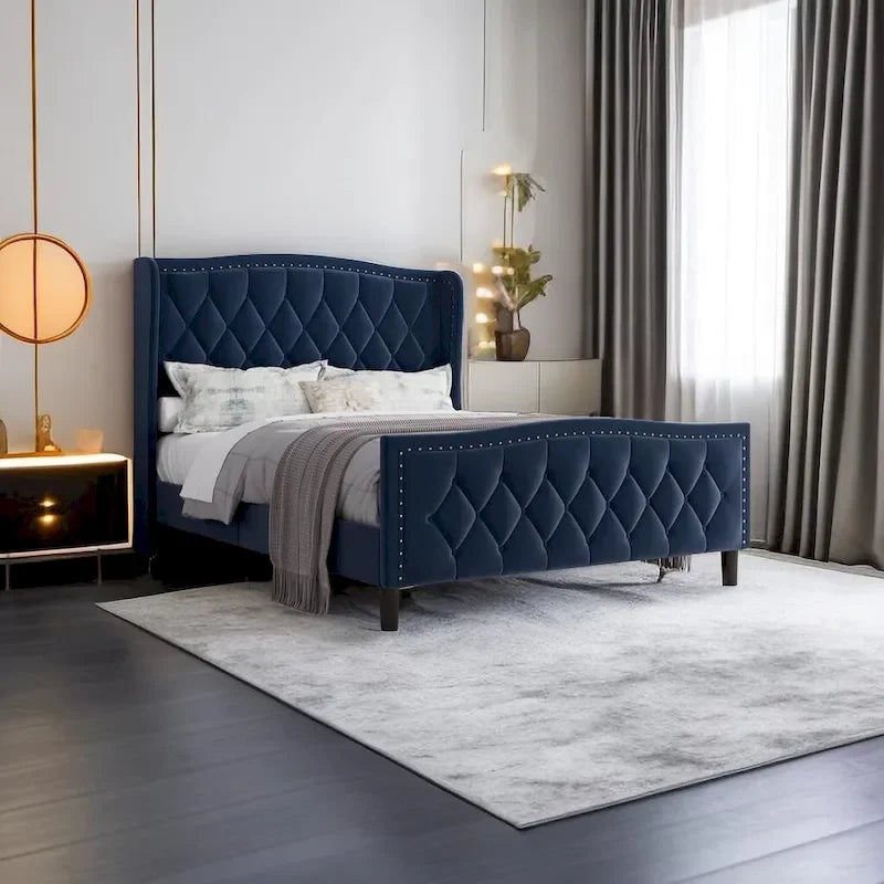 Modern Upholstered Velvet Bed with Wingback Headboard