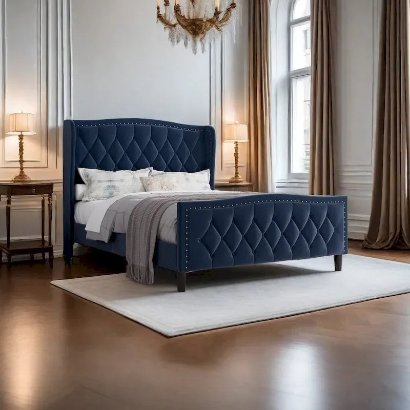Modern Upholstered Velvet Bed with Wingback Headboard