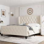 Modern Upholstered Velvet Bed with Wingback Headboard