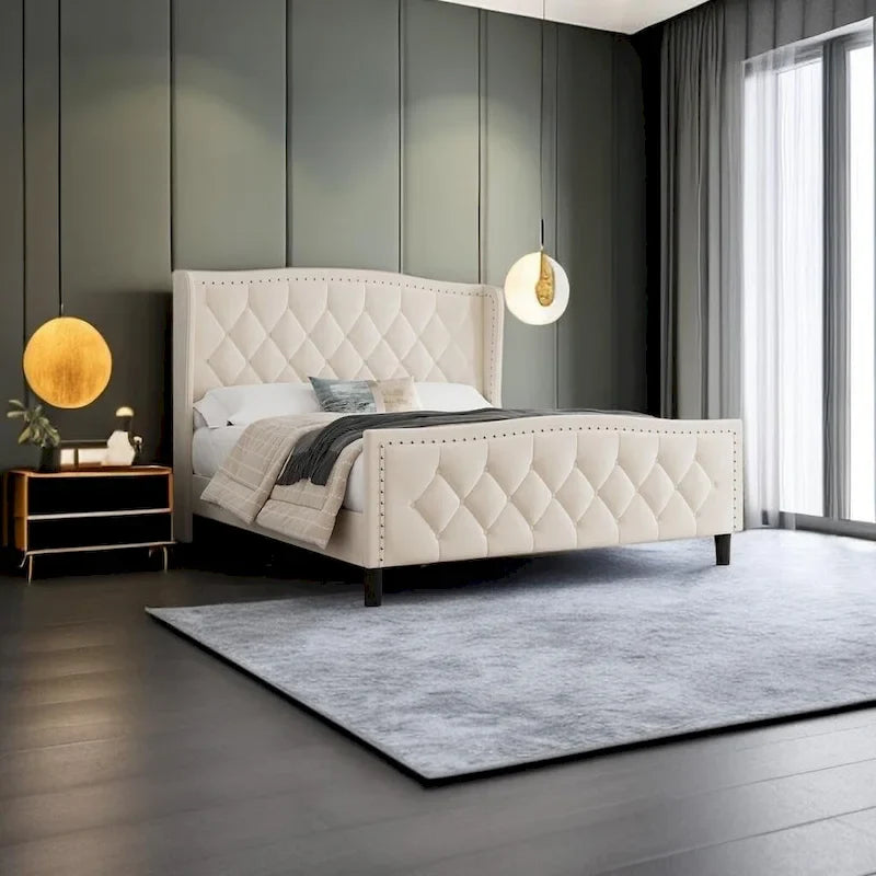 Modern Upholstered Velvet Bed with Wingback Headboard