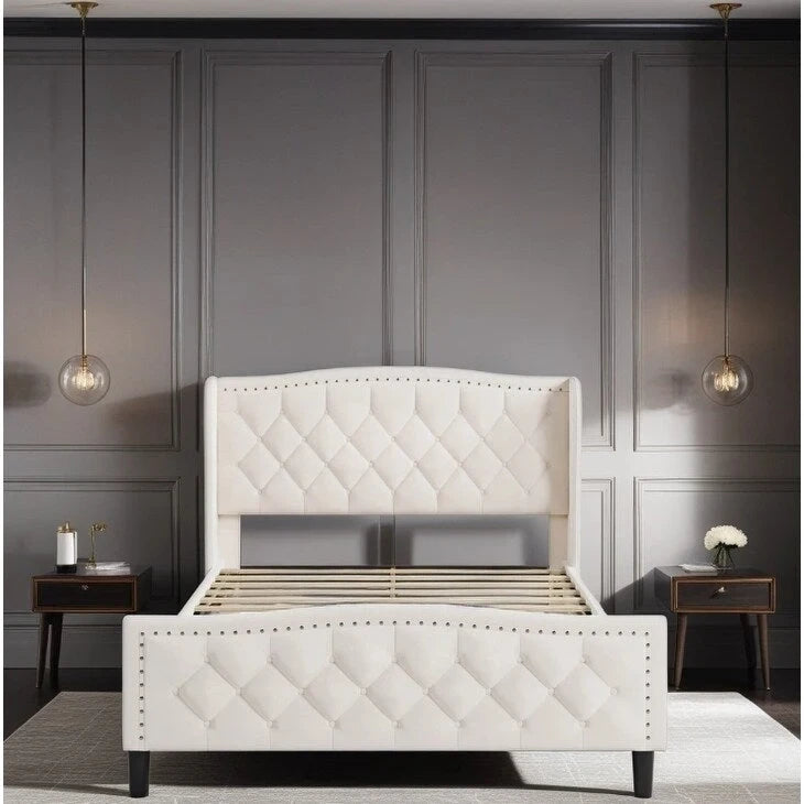 Modern Upholstered Velvet Bed with Wingback Headboard