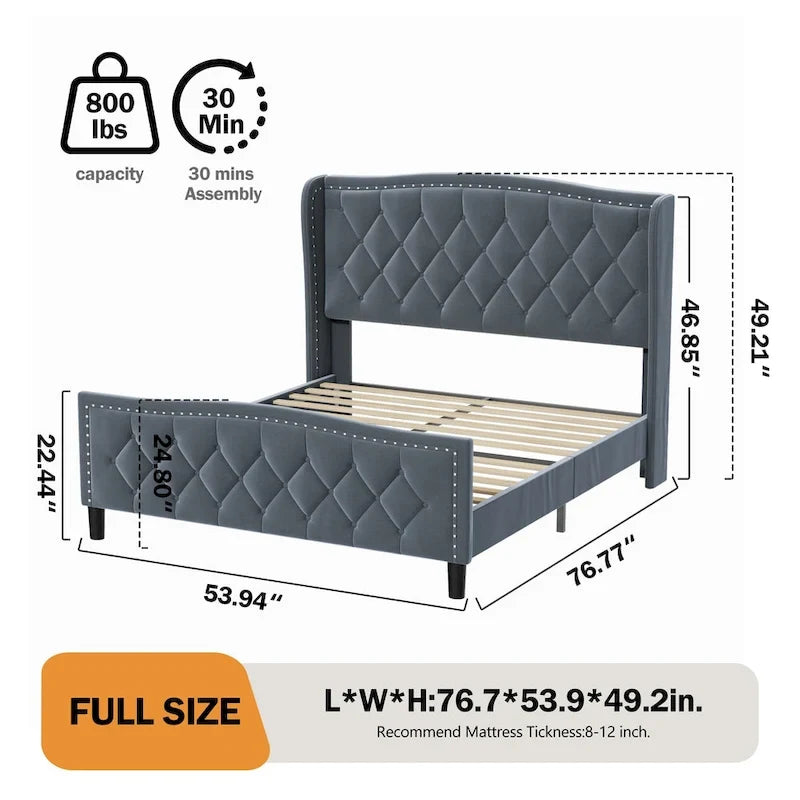 Modern Upholstered Velvet Bed with Wingback Headboard