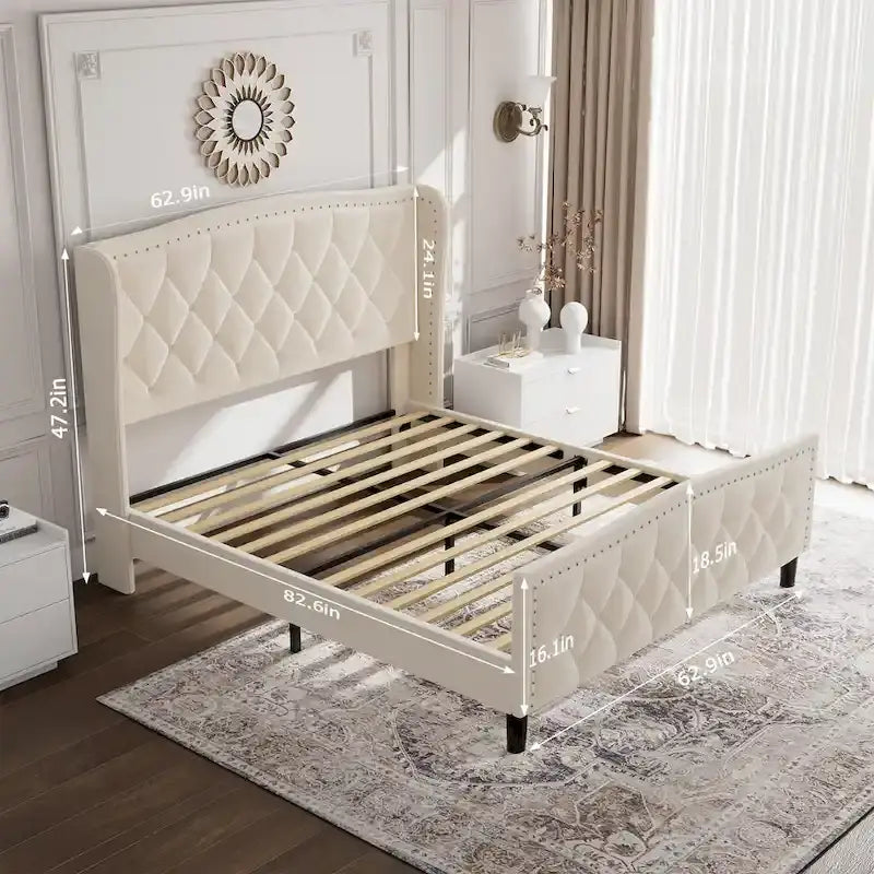Modern Upholstered Velvet Bed with Wingback Headboard