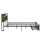 King Size Metal Platform Bed with Wooden Headboard, Drawers, and LEDs