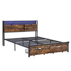 King Size Metal Platform Bed with Wooden Headboard, Drawers, and LEDs