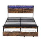 King Size Metal Platform Bed with Wooden Headboard, Drawers, and LEDs