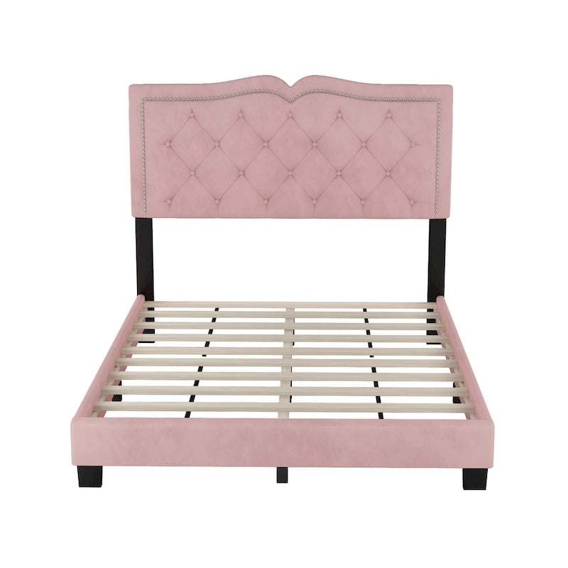 Full Size Modern Velvet Platform Bed with Tufted Headboard