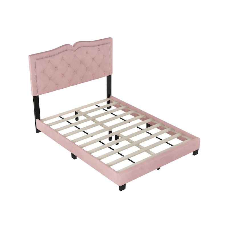Full Size Modern Velvet Platform Bed with Tufted Headboard