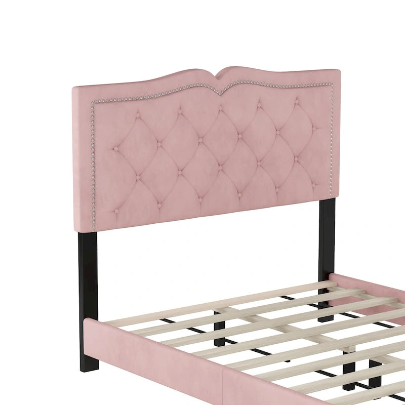 Full Size Modern Velvet Platform Bed with Tufted Headboard