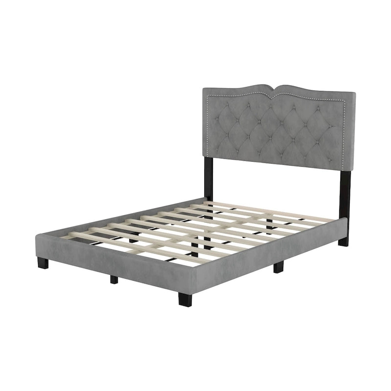 Full Size Modern Velvet Platform Bed with Tufted Headboard