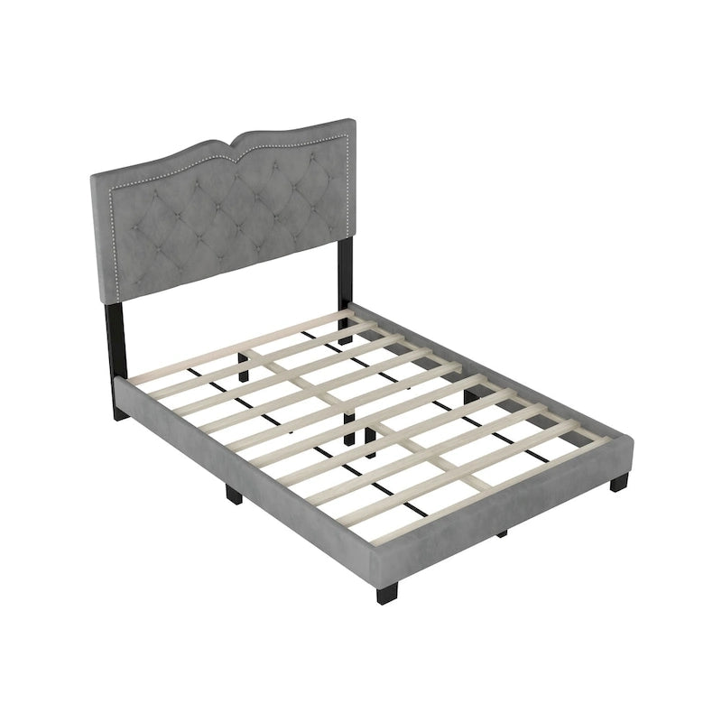 Full Size Modern Velvet Platform Bed with Tufted Headboard