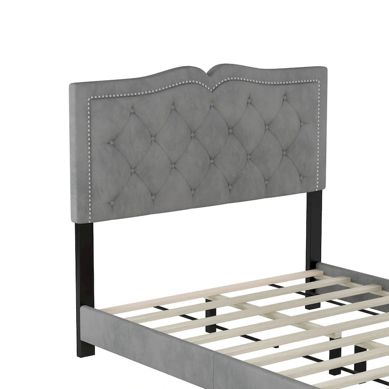 Full Size Modern Velvet Platform Bed with Tufted Headboard