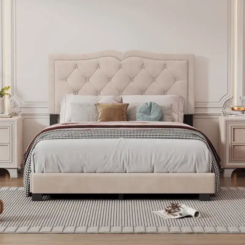 Full Size Modern Velvet Platform Bed with Tufted Headboard