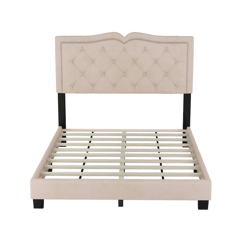 Full Size Modern Velvet Platform Bed with Tufted Headboard