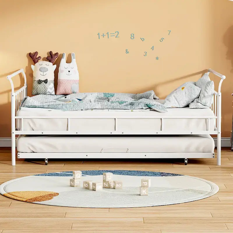 Metal Daybed with Curved Handle Design and Twin Size Trundle for Bedroom
