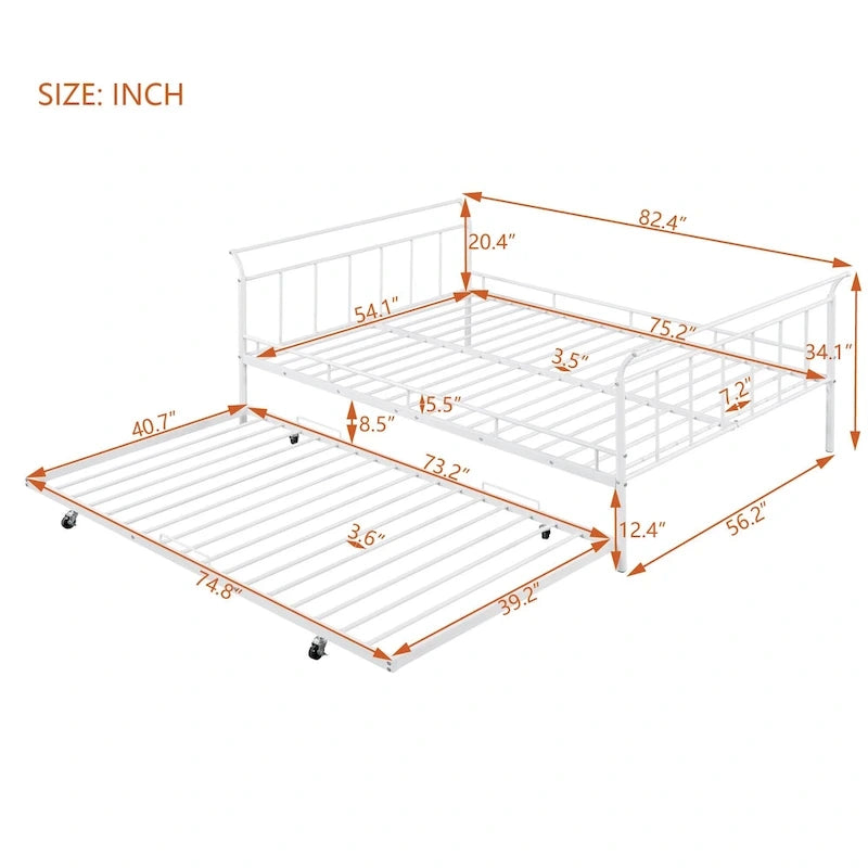 Metal Daybed with Curved Handle Design and Twin Size Trundle for Bedroom