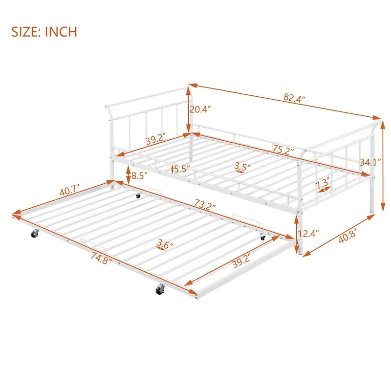 Metal Daybed with Curved Handle Design and Twin Size Trundle for Bedroom