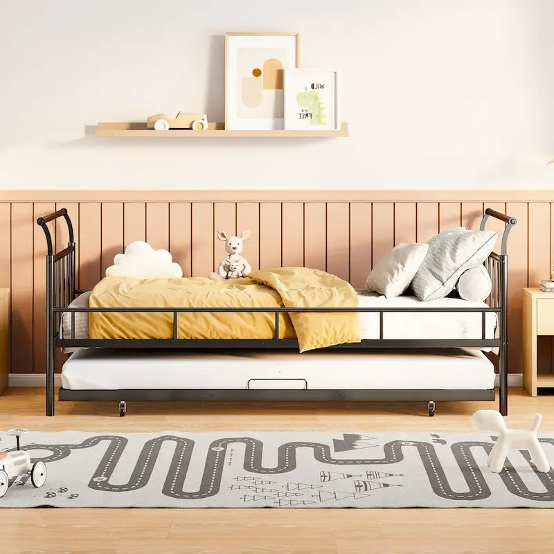 Metal Daybed with Curved Handle Design and Twin Size Trundle for Bedroom