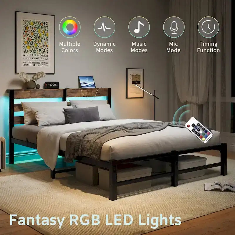Beige+Brown Queen Size Modern Metal Bed with Wooden Headboard,RGB Lights and Storage Shelf for Bedroom