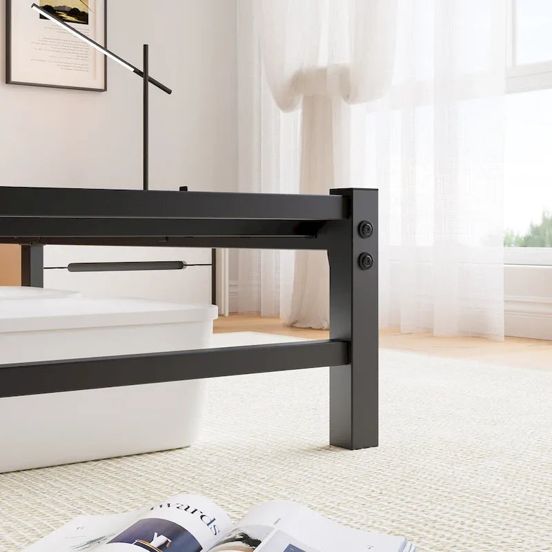 Beige+Brown Queen Size Modern Metal Bed with Wooden Headboard,RGB Lights and Storage Shelf for Bedroom
