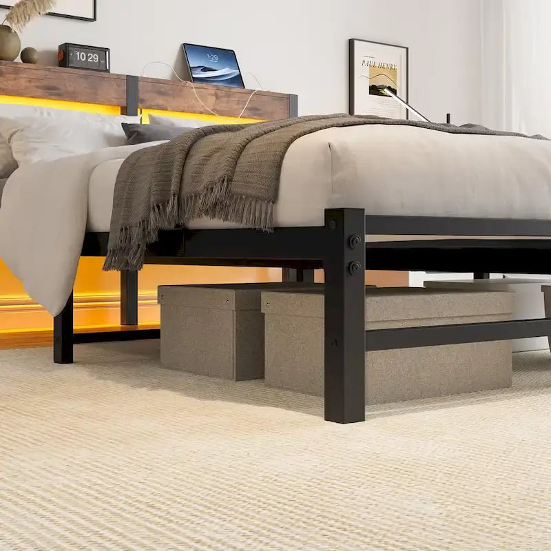 Beige+Brown Queen Size Modern Metal Bed with Wooden Headboard,RGB Lights and Storage Shelf for Bedroom