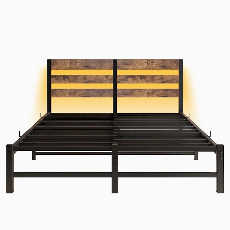 Beige+Brown Queen Size Modern Metal Bed with Wooden Headboard,RGB Lights and Storage Shelf for Bedroom